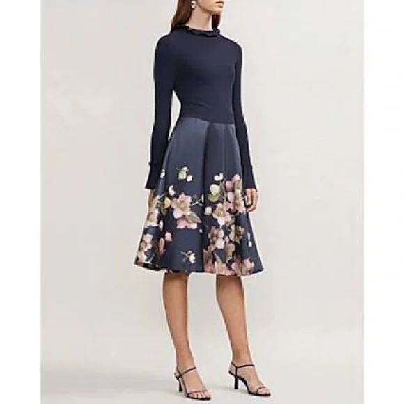 Ted Baker Navy Floral Midi Dress - Picture 1 of 2